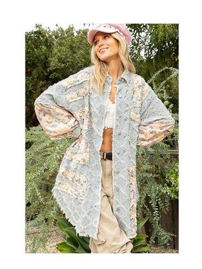 NWOT POL Patchwork Textured Boho Denim Jacket in Floral Size L